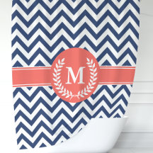 Navy Blue en Coral Chevron Laurel Monogram