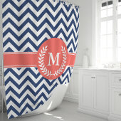 Navy Blue en Coral Chevron Laurel Monogram Douchegordijn