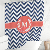 Navy Blue en Coral Chevron Laurel Monogram Douchegordijn