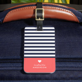 Navy Blue en Coral Chic Stripes Heart Monogram Bagagelabel