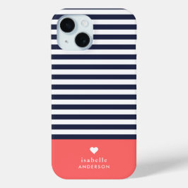 Navy Blue en Coral Chic Stripes Heart Monogram iPhone 15 Case