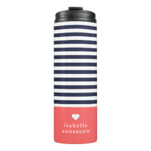 Navy Blue en Coral Chic Stripes Heart Monogram Thermosbeker