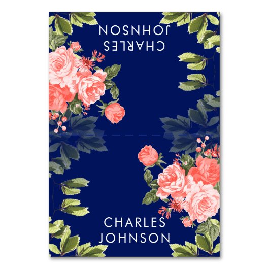 Navy Blue en Coral Flower Wedding | Kaarten plaats (Voorkant)