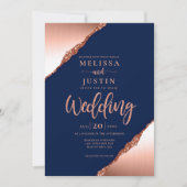 Navy Blue en Coral Glitter Wedding Invitation Kaart (Voorkant)
