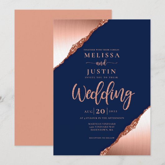 Navy Blue en Coral Glitter Wedding Invitation Kaart (Voorkant / Achterkant)