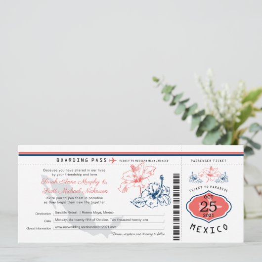 Navy Blue en Coral Mexico - Boarding Pass Wedding Kaart (Staand voorkant)