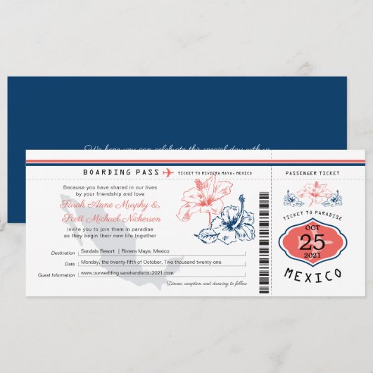 Navy Blue en Coral Mexico - Boarding Pass Wedding Kaart (Voorkant / Achterkant)