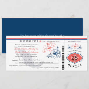 Navy Blue en Coral Mexico - Boarding Pass Wedding Kaart