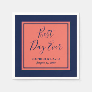 Navy Blue en Coral Modern Script Wedding Servet
