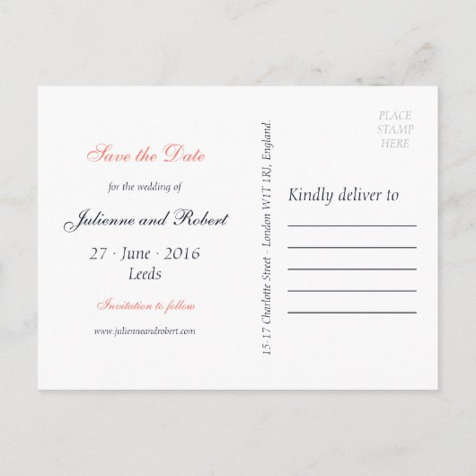 Navy Blue en Coral Photo Save the Date Briefkaart (Achterkant)