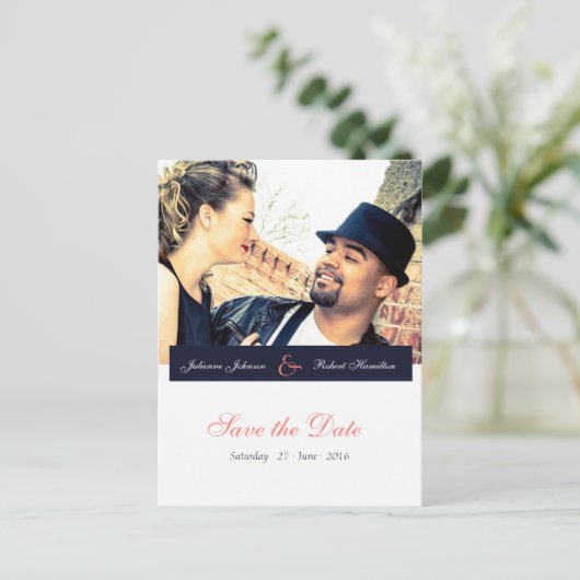 Navy Blue en Coral Photo Save the Date Briefkaart (Staand voorkant)