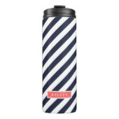 Navy Blue en Coral Preppy Stripes Monogram Thermosbeker (Voorkant)