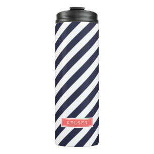Navy Blue en Coral Preppy Stripes Monogram Thermosbeker