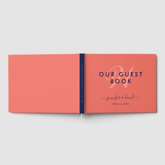 Navy Blue en Coral Script Monogram Wedding Guest Gastenboek (Volledig)