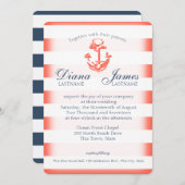Navy Blue en Coral Stripe Nautische bruiloft Kaart (Voorkant / Achterkant)