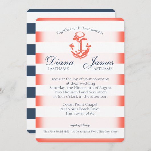 Navy Blue en Coral Stripe Nautische bruiloft Kaart (Voorkant / Achterkant)