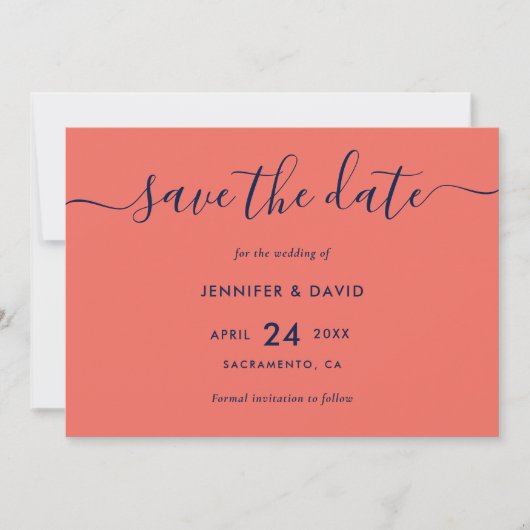 Navy Blue en Coral Wedding Save the Date (Voorkant)