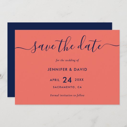 Navy Blue en Coral Wedding Save the Date (Voorkant / Achterkant)