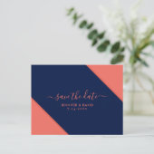 Navy Blue en Coral Wedding Save the Date Aankondigingskaart (Staand voorkant)
