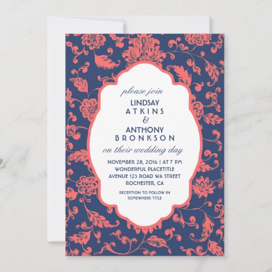 Navy Blue en Coral Wedding Uitnodigingen (Voorkant)