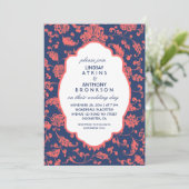 Navy Blue en Coral Wedding Uitnodigingen (Staand voorkant)
