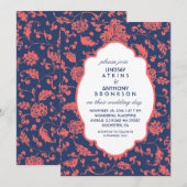 Navy Blue en Coral Wedding Uitnodigingen (Voorkant / Achterkant)