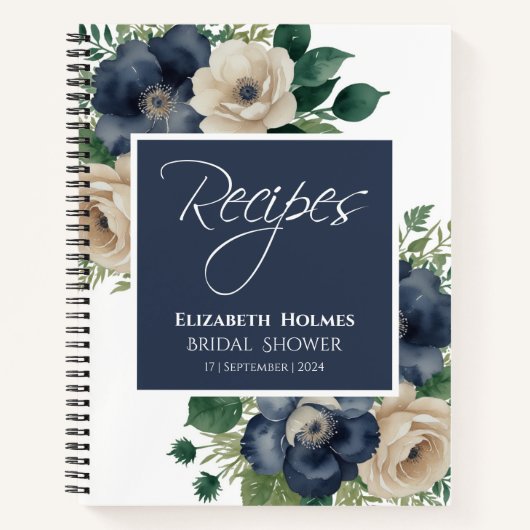 Navy Blue en Cream Bloemen Vrijgezellenfeest Recep Notitieboek (Voorkant)