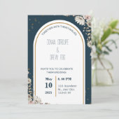 Navy Blue en Cream geïllustreerde bloemen bruiloft Kaart (Staand voorkant)