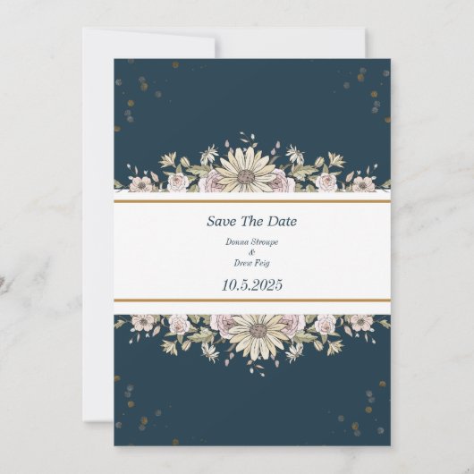 Navy Blue en Cream geïllustreerde bloemen bruiloft Kaart (Achterkant)