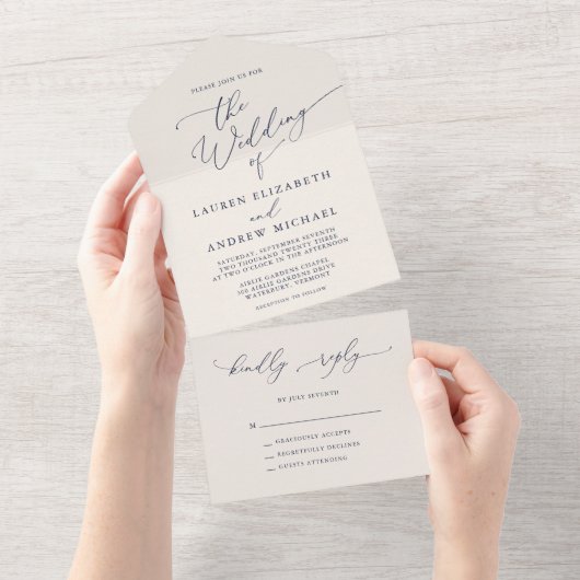 Navy Blue en Cream Minimalist Wedding All In One Uitnodiging (Afscheurbaar)