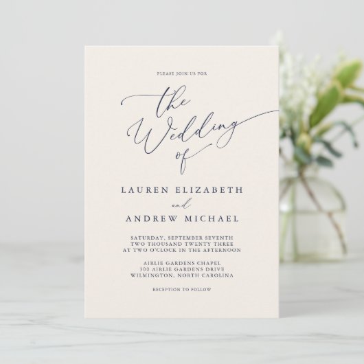 Navy Blue en Cream Minimalist Wedding Invitation Kaart (Staand voorkant)
