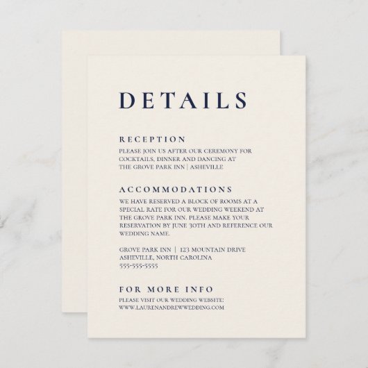 Navy Blue en Cream Modern minimalist legant Informatiekaartje (Voorkant / Achterkant)