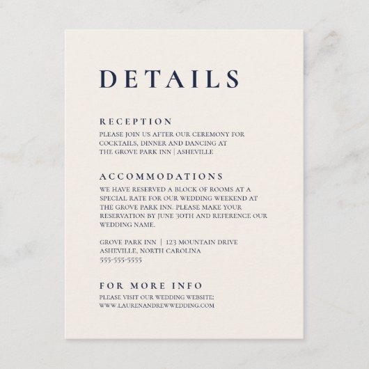 Navy Blue en Cream Modern minimalist legant Informatiekaartje (Voorkant)