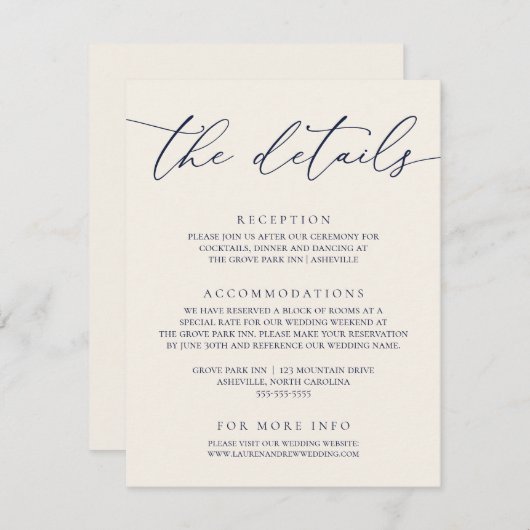 Navy Blue en Cream Modern minimalist Wedding Informatiekaartje (Voorkant / Achterkant)