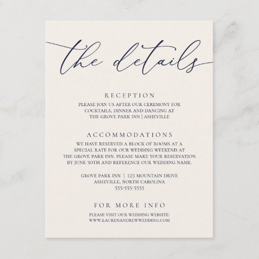 Navy Blue en Cream Modern minimalist Wedding Informatiekaartje (Voorkant)