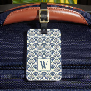 Navy Blue en Cream Seashell Patroon Bagagelabel