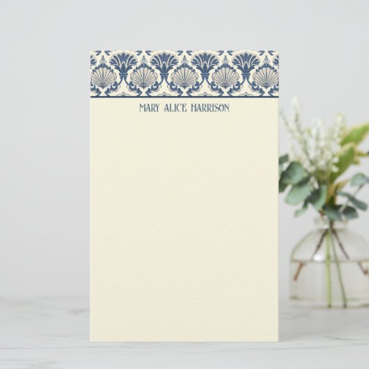 Navy Blue en Cream Seashell Patroon Briefpapier (Staand voorkant)