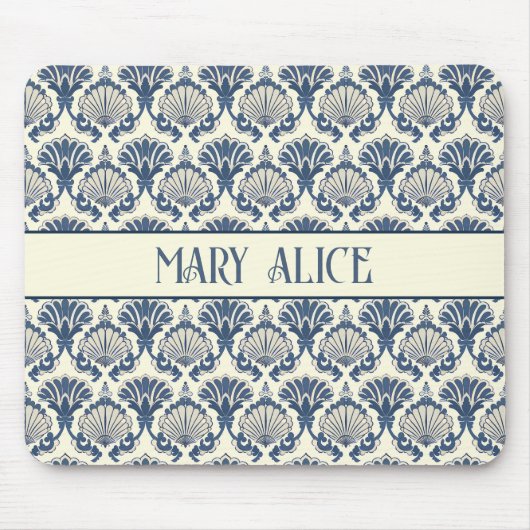 Navy Blue en Cream Seashell Patroon Muismat (Voorkant)