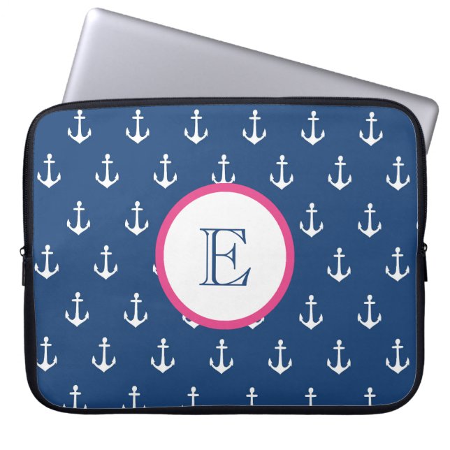Navy Blue en Donkerroze Anchor-laptophoes Laptop Sleeve (Voorkant)