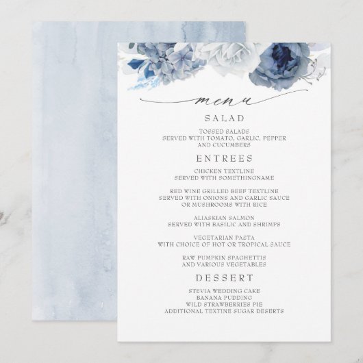 Navy Blue en Dusty Blue Floral Wedding Menu (Voorkant / Achterkant)