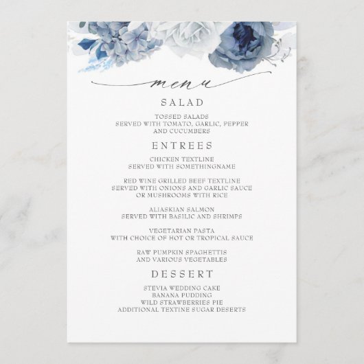 Navy Blue en Dusty Blue Floral Wedding Menu (Voorkant)