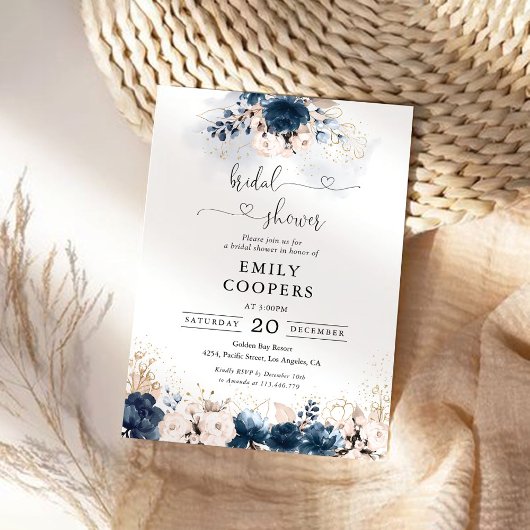 Navy Blue en Dusty Roos Bridal Shower Invitation Kaart