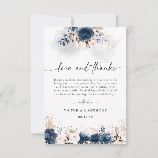 Navy Blue en Dusty Roos bruiloft dank u kaarten (Voorkant)