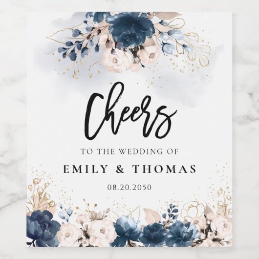 Navy Blue en Dusty Roos bruiloft wijnlabel Wijn Etiket (Enkel label)