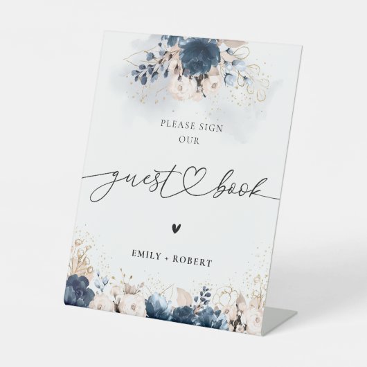 Navy Blue en Dusty Roos Gastenboek bord Reclamebord Met Voetstuk (Voorkant)