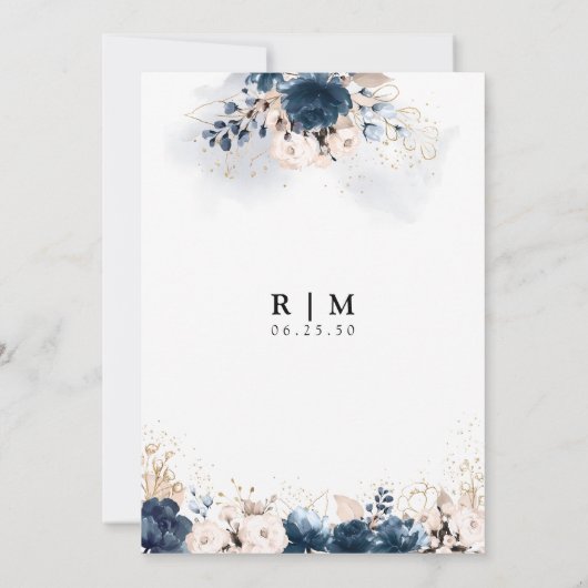 Navy Blue en Dusty Roos Save The Date Cards (Achterkant)