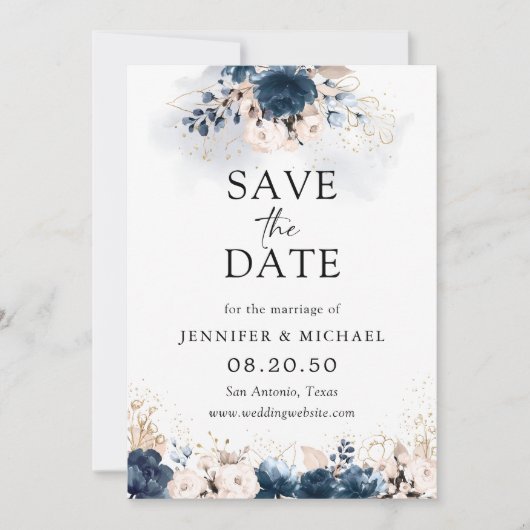 Navy Blue en Dusty Roos Save The Date Kaart (Voorkant)