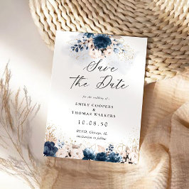 Navy Blue en Dusty Roos Save The Date Kaart