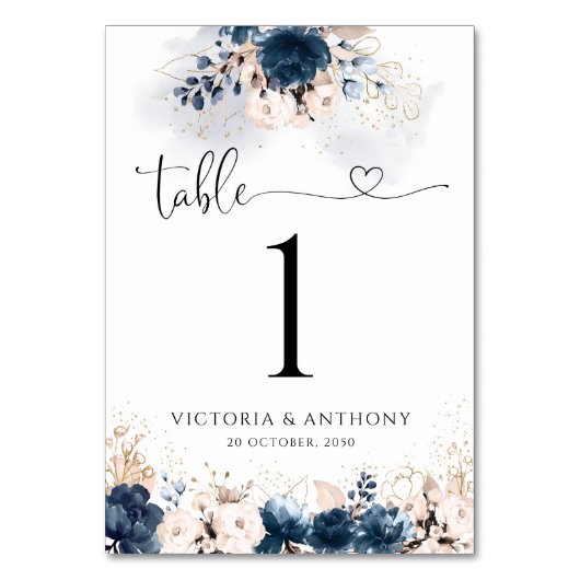 Navy Blue en Dusty Roos Trouwtafel Nummers Kaart (Voorkant)