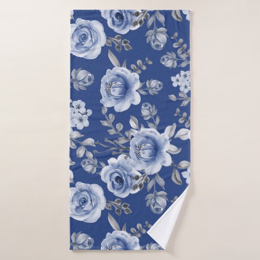 Navy Blue en Elegant Moderne Waterverf Floral Badhanddoek (Badhanddoek)
